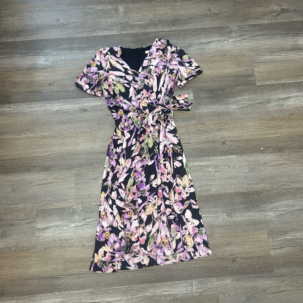 London Times Black and Purple Floral Midi Dress
